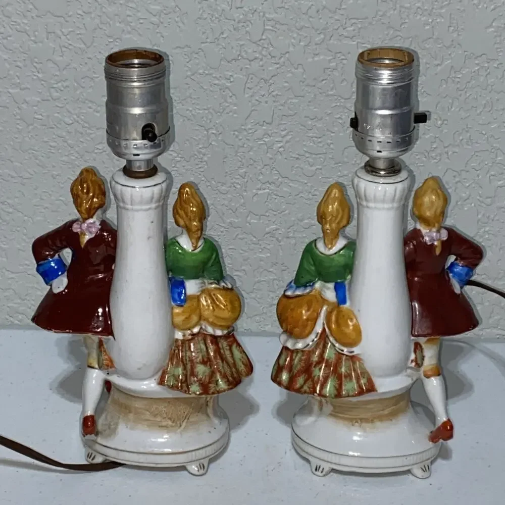 VTG Set Of 2 Made In Occupied Japan Porcelain Lamps Figurines Couples Work READ